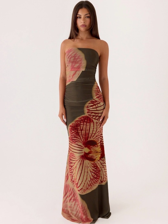 Peppermayo Dresses & Skirts - Peppermayo Iroha Strapless Maxi Dress - Olive Green & Pink Floral Print